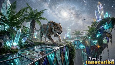 A tiger walks across a stained glass ledge under the bright swirl of a spiral galaxy