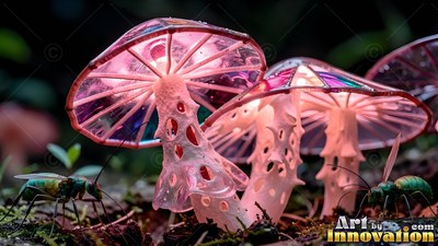 Crouched on dark moss, green winged bugs crawl beneath pink clear glass mushrooms