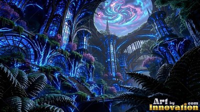 Blue glass greenhouses and tall towers sit among ferns beneath a swirling sky