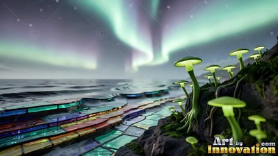 On a rocky shore under northern lights, bright green mushrooms grow
