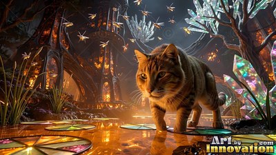 Stepping across stained glass lily pads, a tabby cat explores a dark crystal forest