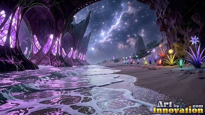 Purple glass arches and colorful plants on a beach at night