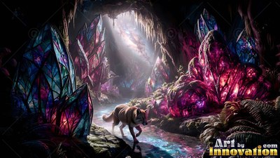 Reddish-brown fur on its back, a wolf walks through a cave filled with purple glass crystals