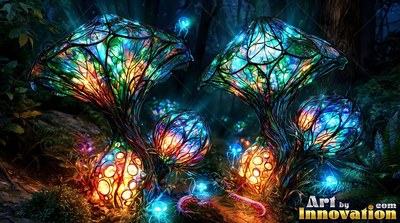 Standing upright in a dark forest, stained tinted glass mushrooms shine with blue and orange light
