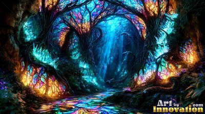 A dark forest tunnel made of colored glass trees with blue and orange light