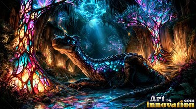 In a dark forest, a blue horned reptile rests beneath bright colored glass trees