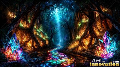 Winding through dark woods, a stained-glass stream flows past bright crystal clusters
