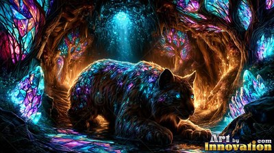 A wild cat walks through a dark forest of colorful crystals