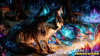 Bright blue eyes shine on a wolf sitting in a dark forest beside leaded glass crystals