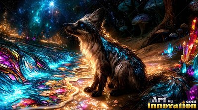 A fox sits on a colorful crystal shore beneath bright blue starlight
