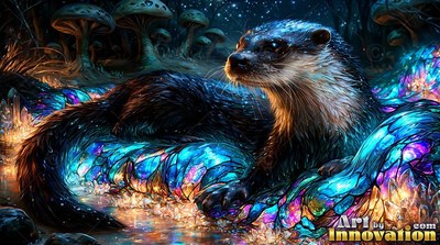 Lying on colorful glass shards, an otter rests under mushrooms