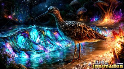 A long-beaked shorebird stands beside bright blue stained-glass waves on a dark beach