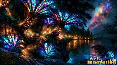 Beside a calm lake at night, bright stained-glass trees shine under a starry sky