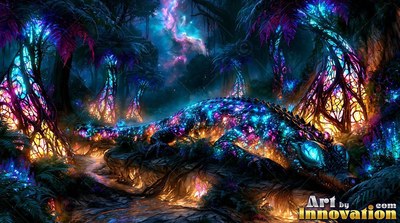 Lying on the forest floor, a large lizard covered in bright scales rests by neon trees