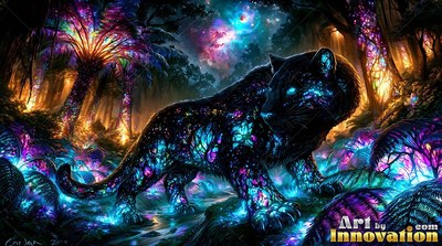 A black leopard covered in blue and purple light in a jungle night