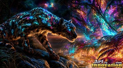 Bright spots cover the leopard creeping across dark rocks in a neon forest