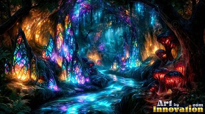 A forest stream flows past leaded glass crystals that shine with blue and violet light