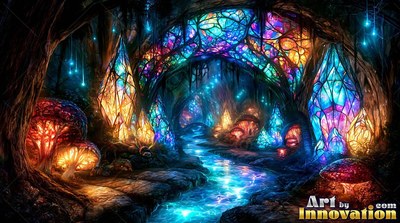 Looking straight into a deep cave filled with tinted glass arches and mushrooms