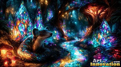 A small furry creature sits by a bright blue stream near stained-glass crystals