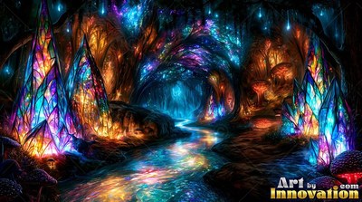 In a dark crystal cave, tall stained glass spires stand beside a shining river