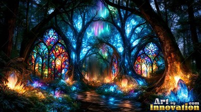 Arching over a night path, trees hold colored glass windows lit in blue and orange