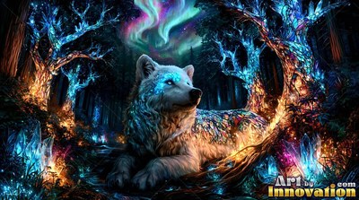 A white wolf lies in a dark forest under colorful northern lights