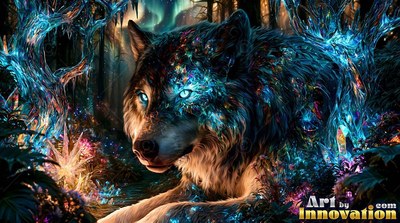 Bright blue crystals cover the fur of a resting wolf in a dark forest at night