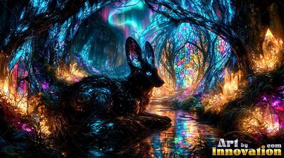 A horned fox rests near a forest stream shining with turquoise light