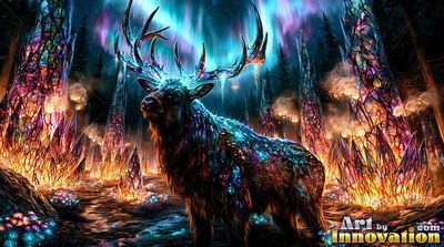 Standing in three-quarter view, a stag pauses in a forest of crystal spires under an aurora sky