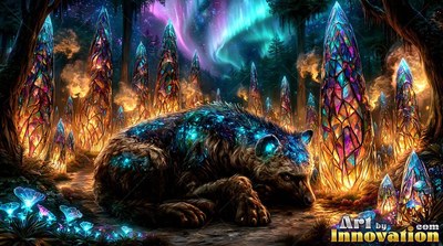 A furry bear rests in a dark forest surrounded by tall glass spires under northern lights