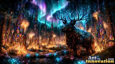 In a dark forest under northern lights, a deer stands beside bright crystal trees