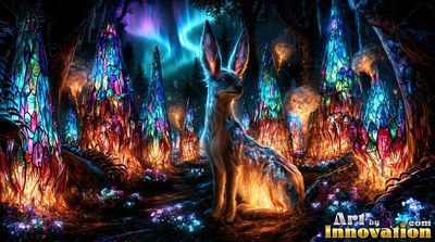 Sitting upright, a horned hare rests among colorful glass spires under aurora lights