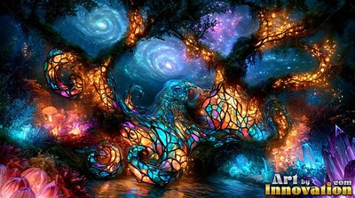 Stained glass octopus resting on dark water under swirl galaxies