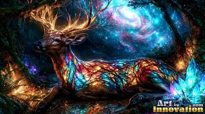 Bright golden antlers branch from a deer resting in a dark forest beneath a spiral nebula