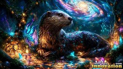 An otter lies beside blue crystals under the bright light of a spiral galaxy