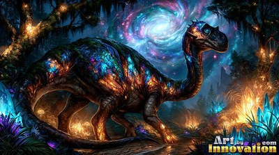 Standing in profile, a glass dinosaur walks through a dark forest beneath a spiral sky