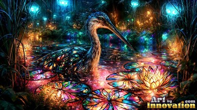 A long-beaked bird rests in a dark pond filled with colorful glass water lilies