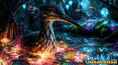 In a dark marsh, a long-beaked bird floats among mosaic glass lily pads