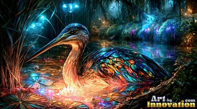 Floating in a dark swamp, a colorful water bird shines over lit lily pads