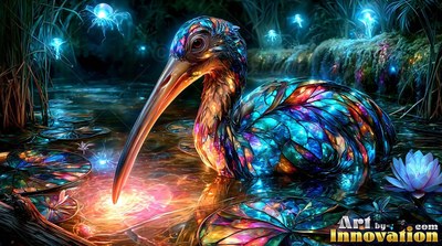 A glass bird with blue feathers touches a dark pond