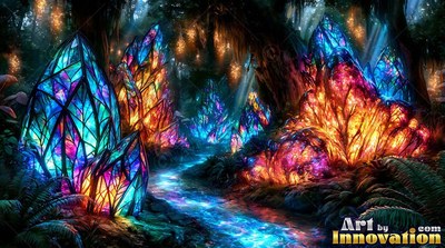Black leaded lines on bright blue glass shape crystals beside a dark forest stream