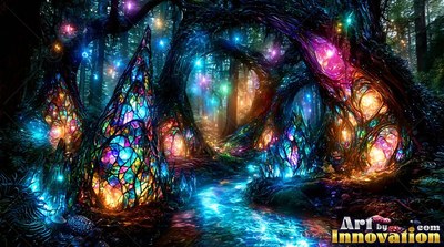 Stained glass trees arch over a forest creek, shining with bright blue light