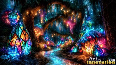 Standing along a dark forest stream, stained glass domes shine in bright blue and pink