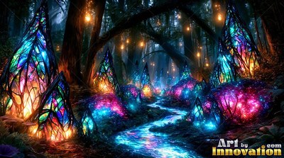 Colored glass crystals shine in blue and pink along a stream in a dark forest