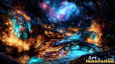 In a dark night forest, a stained glass stream flows under blue nebula clouds