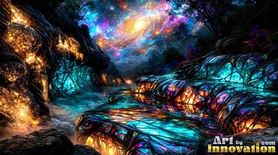 Flowing under a swirling galaxy, glass rocks shine with blue and orange light