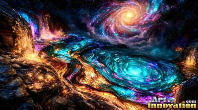 A swirl of blue water runs under a bright spiral galaxy in the dark sky
