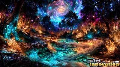 Bright blue moss covers the ground of a dark forest under a swirling galaxy sky