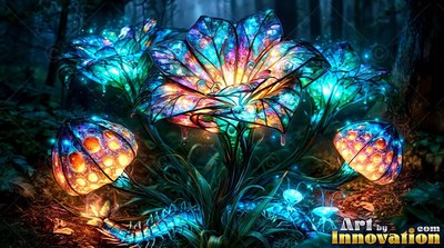 Stained glass flowers bloom on a dark forest floor, lit up in bright blue and amber tones