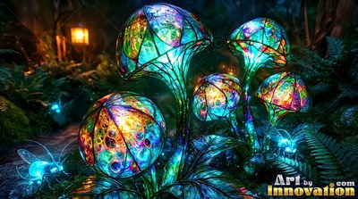 Sprouting upward in a dark forest, colorful stained-tinted glass mushrooms shine bright